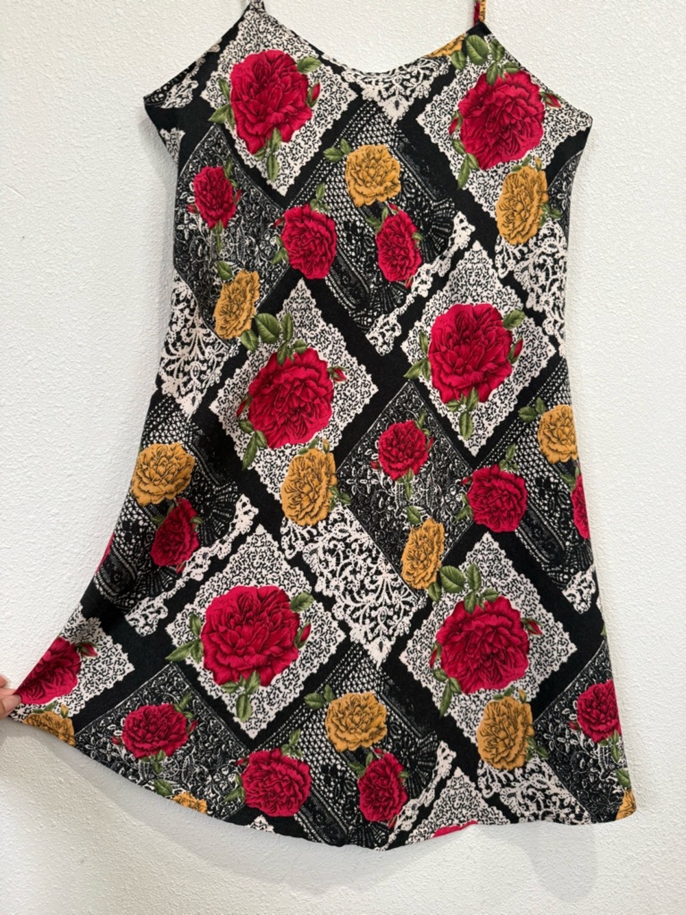 Floral Slip Mini Dress in Black and Pink - Women's Spaghetti Strap Dress - Picture 3 of 7